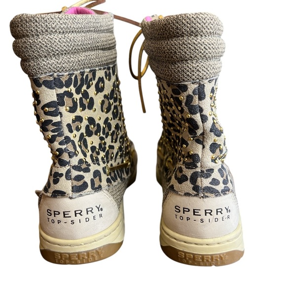 Sperry Women’s Sz 6.5 Hikerfish Boots Tan Leopard Leather Gold Studded Lined NEW - Picture 4 of 7